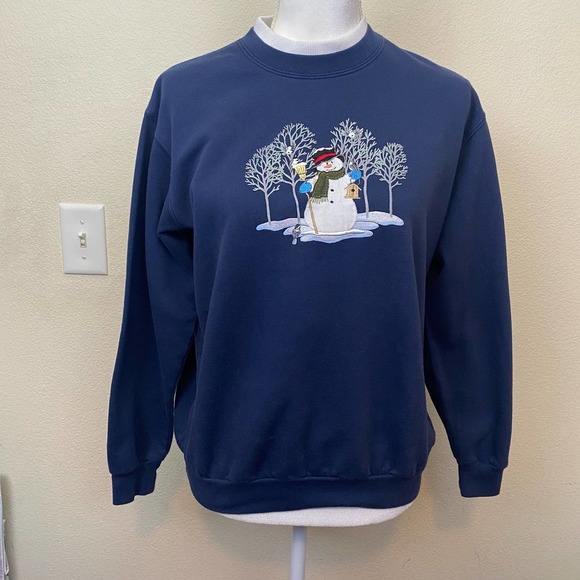 VTG Top Stitch Navy Snowman Winter Crewneck Sweater - Picture 4 of 8
